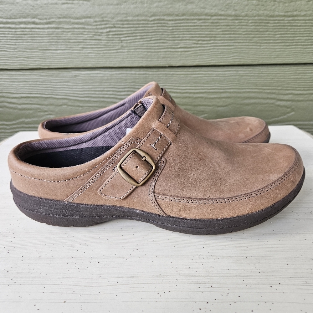 MERRELL LEATHER SIDE BUCKLE MULES SLIDES SHOES ENCORE KASSIE BRINDLE Size 7.5